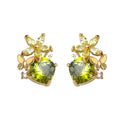 Gold Tone Olive Green Square Stone Flower Butterfly Stud Earrings view 5