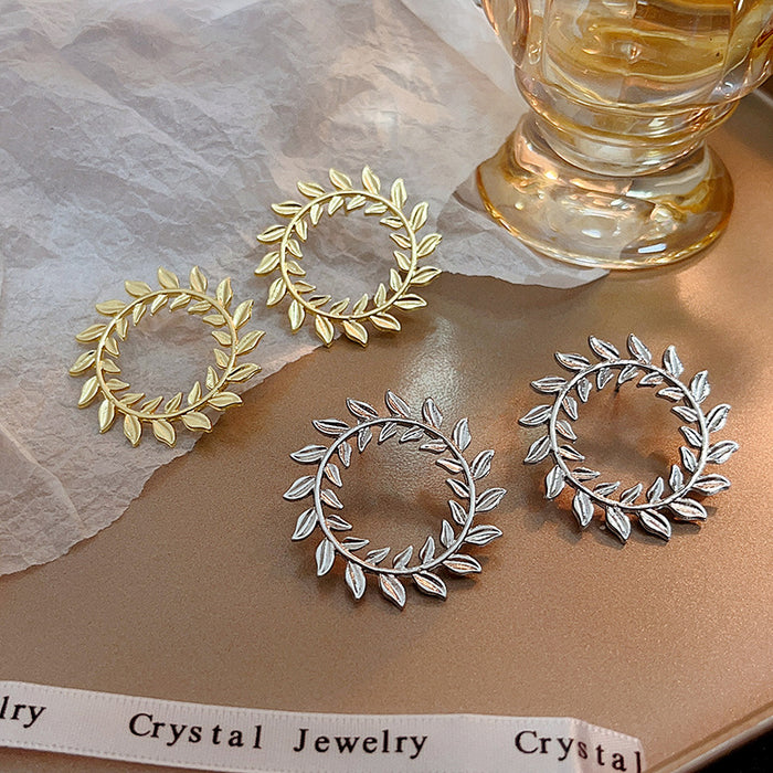 Gold and Silver Open Leaf Wreath Round Stud Earrings