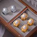 Geometric Hexagon Stud Earrings Oval Imitation Pearl Metal view 4