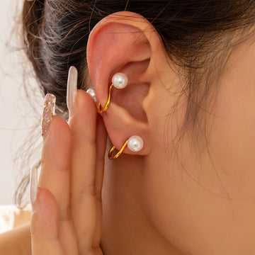 Gold Steel Faux Pearl Wave Geometric Titanium Steel Earrings