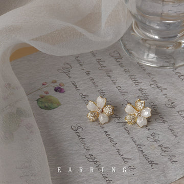 White Shell And Pave Crystal Four-Petal Flower Studs