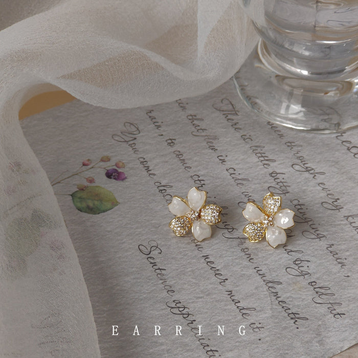 White Shell And Pave Crystal Four-Petal Flower Studs