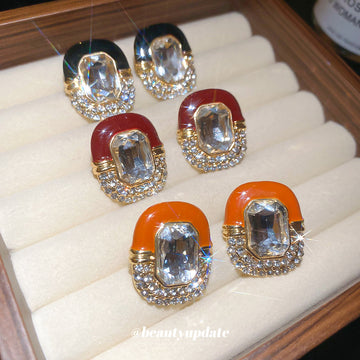 Crystal Framed Enamel Oval Stud Earrings Decorative Jewelry Design