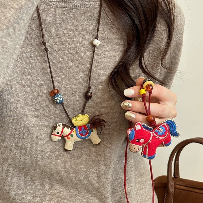 Beaded Horse Pendant Cord Necklace In Red And Brown