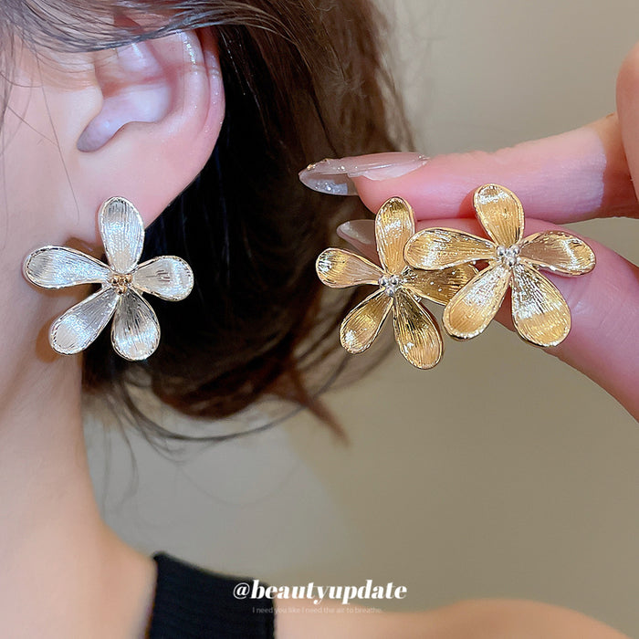 Brushed Five Petal Flower Stud Earrings in Gold and Silver