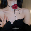 Fabric Rose Cord Choker Necklaces Red Black Two Sizes view 3