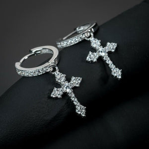Cross Pendant Hinged Hoop Earrings In Three Metal Tones