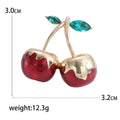 Red Cherry Brooch Gold Cap Green Crystal Leaf Fruit Pin view 5
