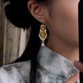 Ornate Gold Tone Filigree Drop Earrings with Pearl Tips view 3