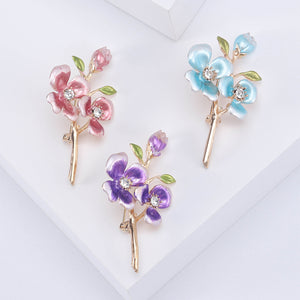 Three-Flower Branch Brooch In Pink Purple And Blue