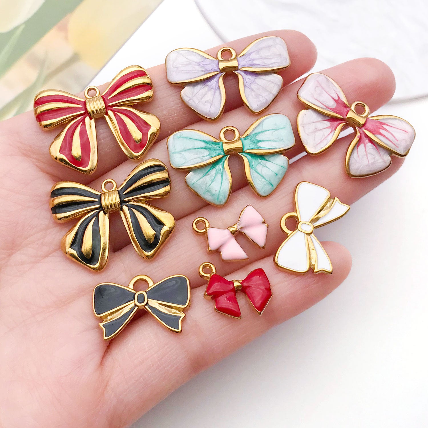 Stainless Steel Gold Enamel Bowknot Butterfly Charm Pendant for Earrings Necklace DIY Jewelry