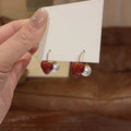 Gold Tone Burgundy Heart And Pearl Drop Earrings Decorative Jewelry view 2