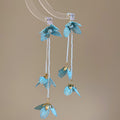 Blue Ribbon Flower Extra Long Chain Tassel Stud Earrings view 6