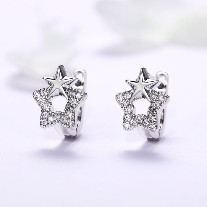 Silver Tone Double Star Clear Stone Cluster Stud Earrings