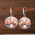 Silver Floral Disc Pearl Dangle Hoop Earrings Painted view 2