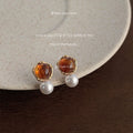 Gold Amber Geometric Stud Earrings White Pearl Drop Accents view 4