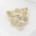 Gold Camellia Flower Brooch Clear Zircon Black Enamel view 3