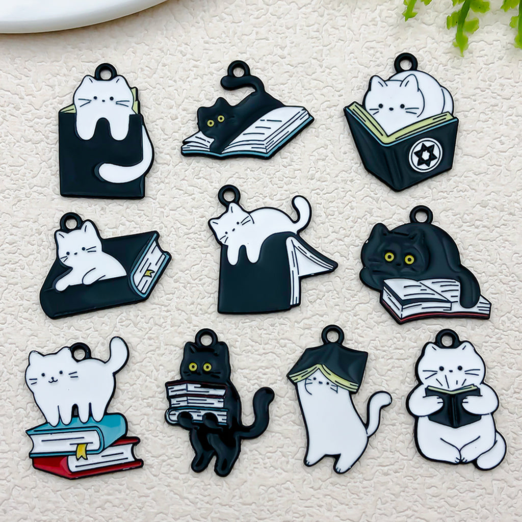 Black White Enamel Zinc Alloy Reading Cat Charm Pendant for DIY Necklace Earring Bracelet