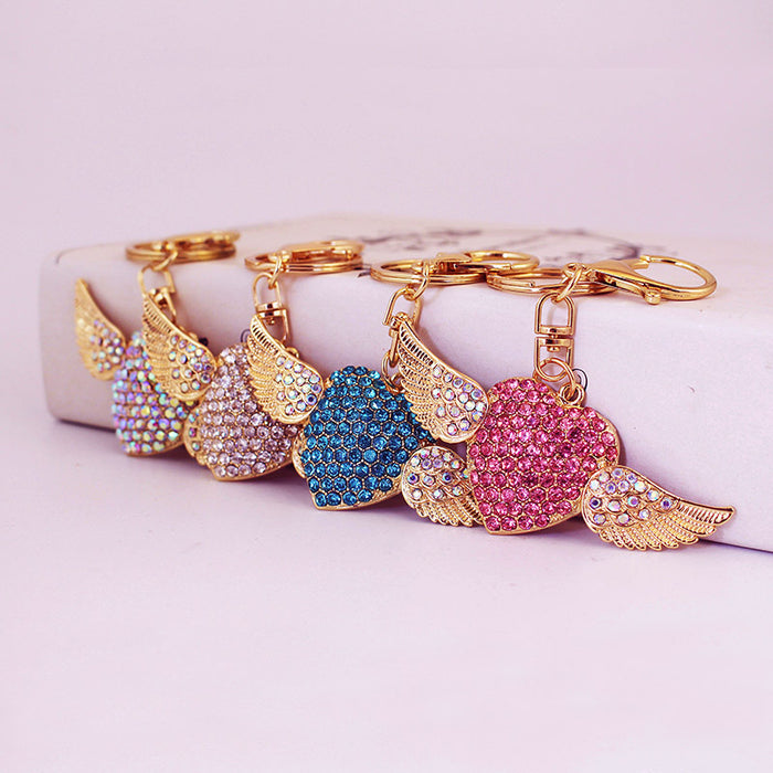 Rhinestone Winged Heart Keychain With Split Ring And Lobster Clasp