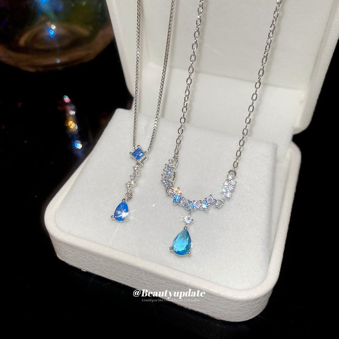Silver Blue Zirconia Teardrop Pendant Necklace Two Styles