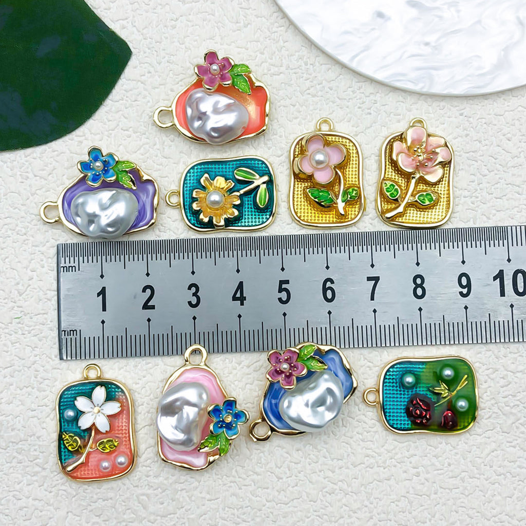 Zinc Alloy Vintage Flower Oil Painting Enamel Charm Pendant for DIY Hair Jewelry