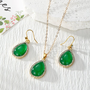 Green Teardrop Rhinestone Resin Earring Necklace Set