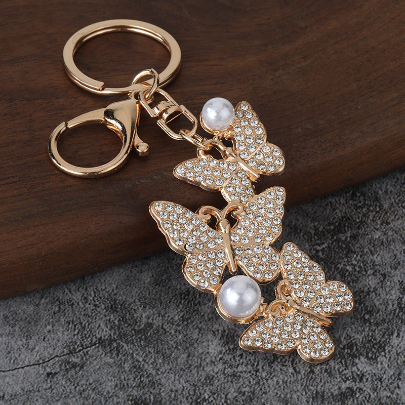 Rhinestone Pearl Butterfly Metal Keychain Bag Charm for Car Keys