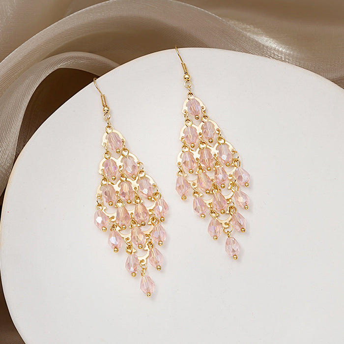 Pink Crystal Look Beaded Cascade Long Hook Earrings