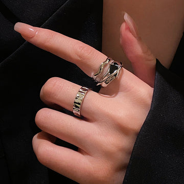 Silver Multi Layer Open Ring Black Geometric Center Stone