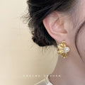 Gold Tone Fan Petal Stud Earrings White Pearl Accent view 2