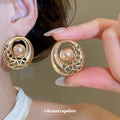 Openwork Round Pearl Stud Earrings in Gold Tone Fashion Jewelry view 1