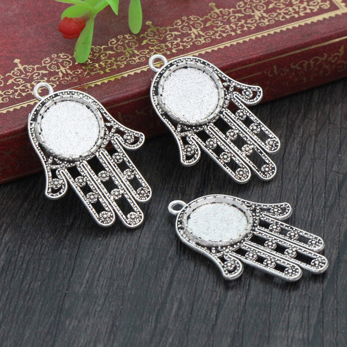Hamsa Hand Round Pendant Bezel Setting in Antique Silver