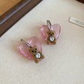 Resin Heart Flocked Bear Pearl Necklace and Hoop Earrings view 2