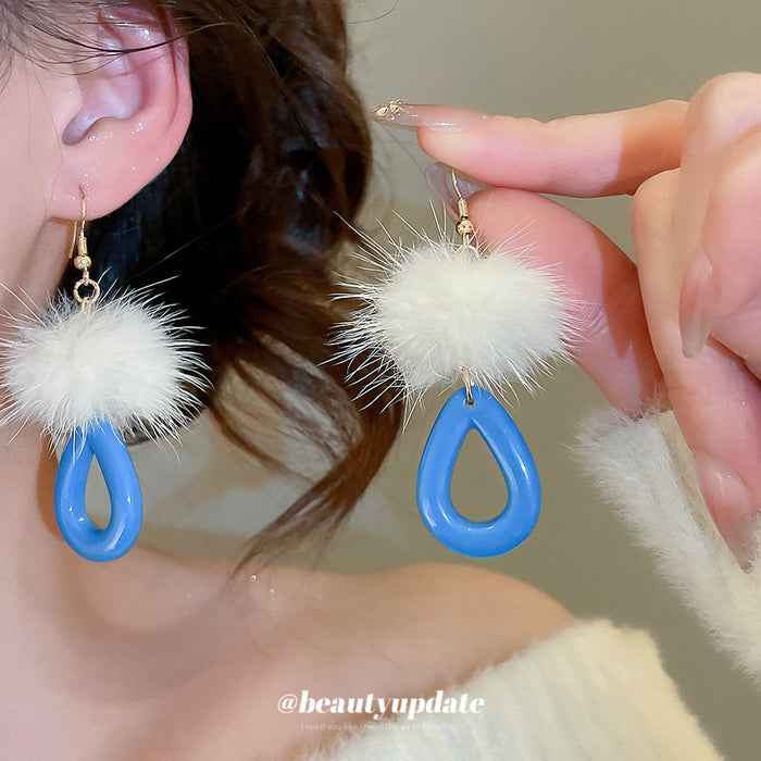 White Pom Pom And Blue Open Teardrop Hook Earrings