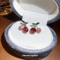 Pink Crystal Cherry Drop Stud Earrings With Green Leaves view 1