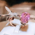 Hummingbird And Pink Oval Stone Adjustable Open Ring In Rose Tone view 2