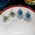 Blue Oval Beaded Fringe Hook Earrings with Polished Metal Details view 2