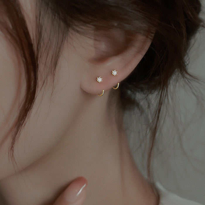 Gold Tiny Crystal Hook Earrings Polished Metal Jewelry