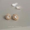 Gold Oval Clear Crystal Halo Stud Earrings Sunburst Pair view 2