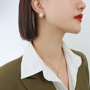 Cat Eye Oval Pendant Necklace And Stud Earrings Metal Set