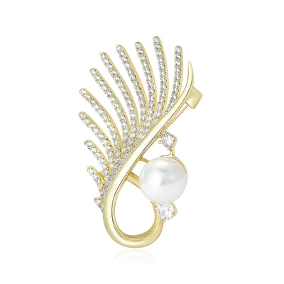 Crystal Leaf and Pearl Brooch front view