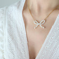 Faux Pearl Bow Pendant Gold Cable Chain Necklace Collar Style view 6
