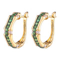 Green Baguette Geometric Hoop Earrings in Gold Tone view 2