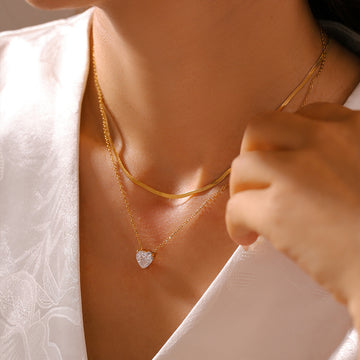 Gold Herringbone Snake Chain and Heart Zircon Pendant Necklace
