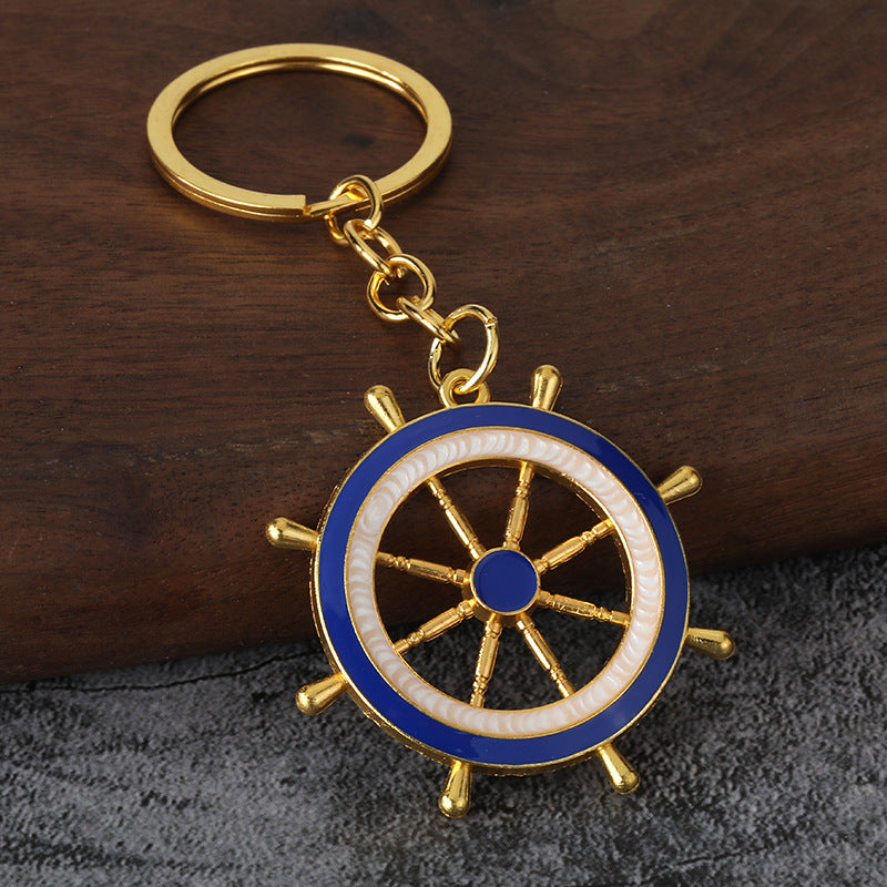 Nautical Anchor and Ship Wheel Metal Keychain with Blue White Charms