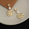 Gold Hammered Disc Drop Earrings White Baroque Pearl view 4