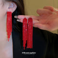 Red Crystal Extra Long Fringe Statement Drop Earrings view 2