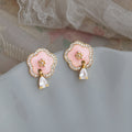 Gold Tone Pink Flower Clear Teardrop Stud Earrings For Women view 6