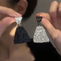 Black and Silver Mismatched Textured Triangle Earrings view 3
