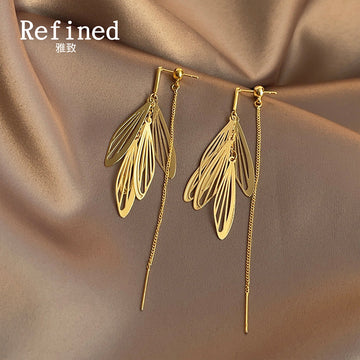 Gold Openwork Wing Drop Earrings with Long Chains and Dual Panels